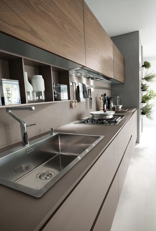 Armoire de cuisine de villa/appartement avec un matériau MDF MR super durable et une finition gris mat