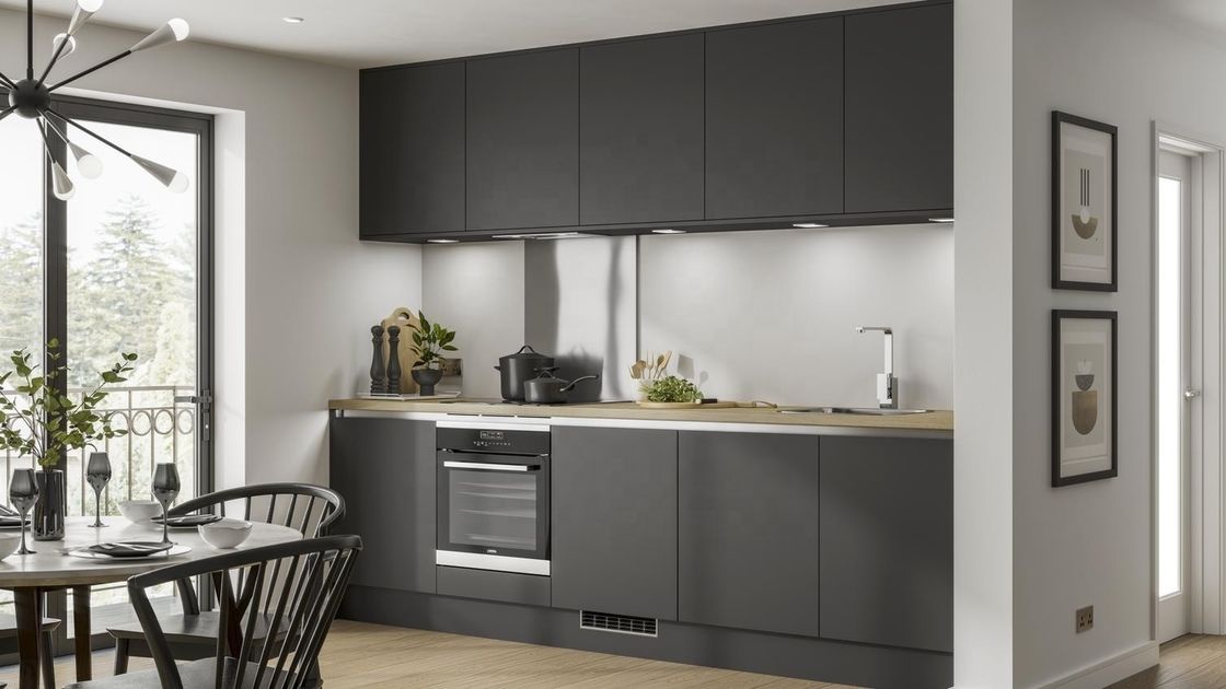 Armoire de cuisine de villa/appartement avec un matériau MDF MR super durable et une finition gris mat
