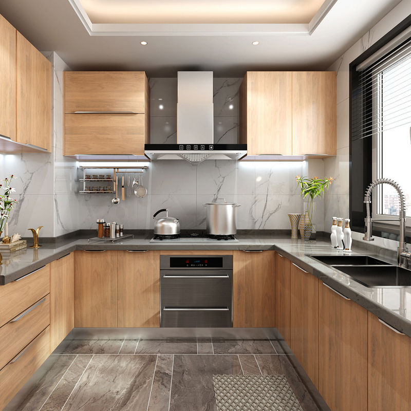 Armoire de cuisine en bois personnalisée avec couleur de placage et accessoires de conteneurs à déchets