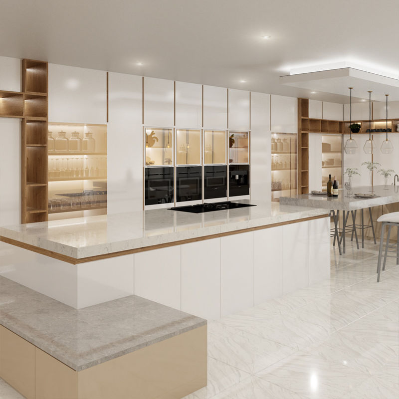 Armoire de cuisine en bois personnalisée avec couleur de placage et accessoires de conteneurs à déchets