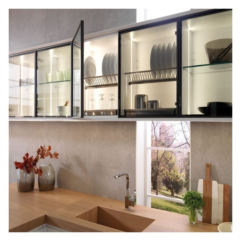 Accessoires de robinet Panneau en verre foncé Armoires de cuisine modulaires en bois massif pour appartement