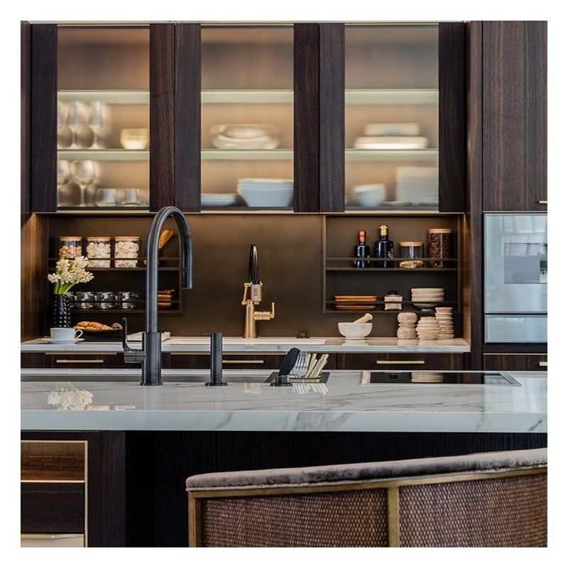 Accessoires de robinet Panneau en verre foncé Armoires de cuisine modulaires en bois massif pour appartement