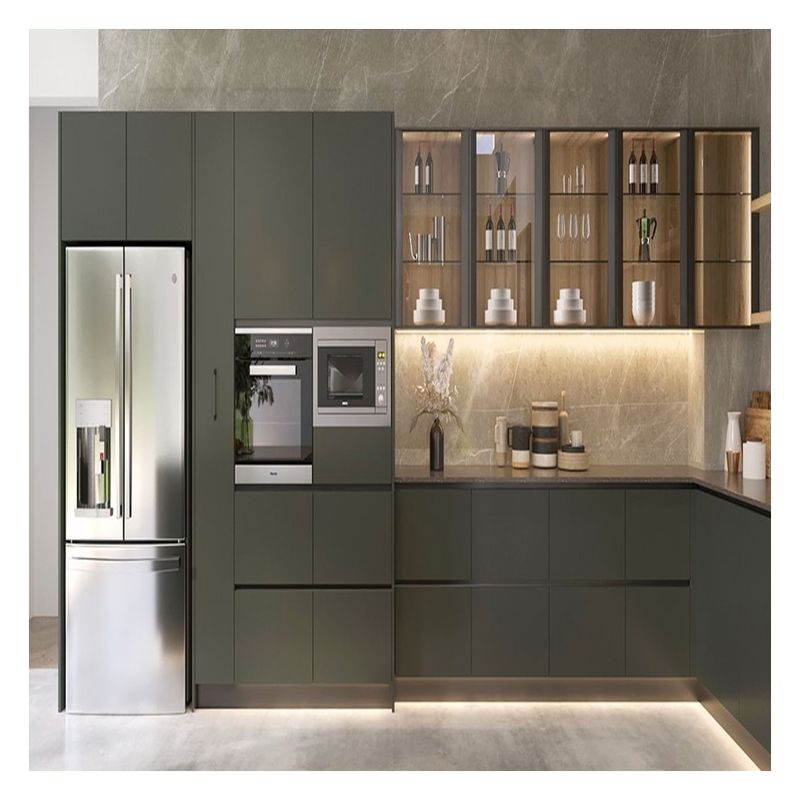 Accessoires de robinet Panneau en verre foncé Armoires de cuisine modulaires en bois massif pour appartement