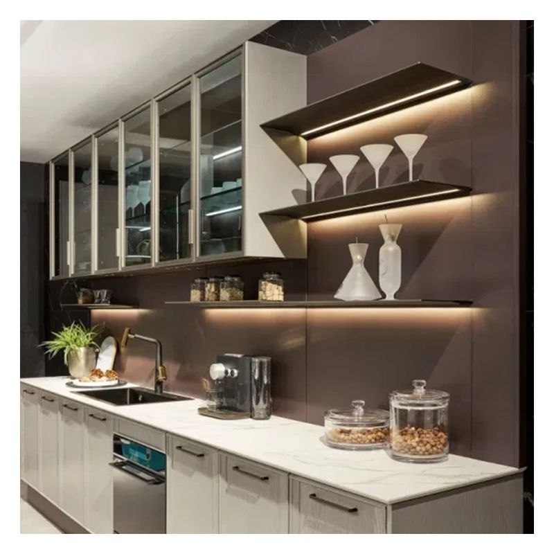 Accessoires de robinet Panneau en verre foncé Armoires de cuisine modulaires en bois massif pour appartement
