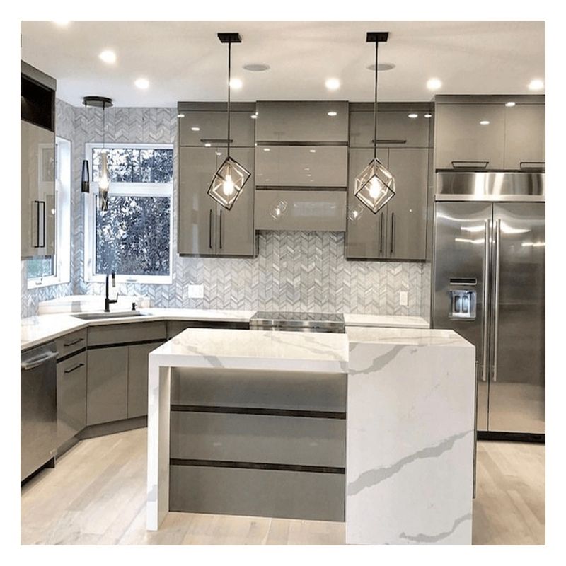 Accessoires de robinet Panneau en verre foncé Armoires de cuisine modulaires en bois massif pour appartement