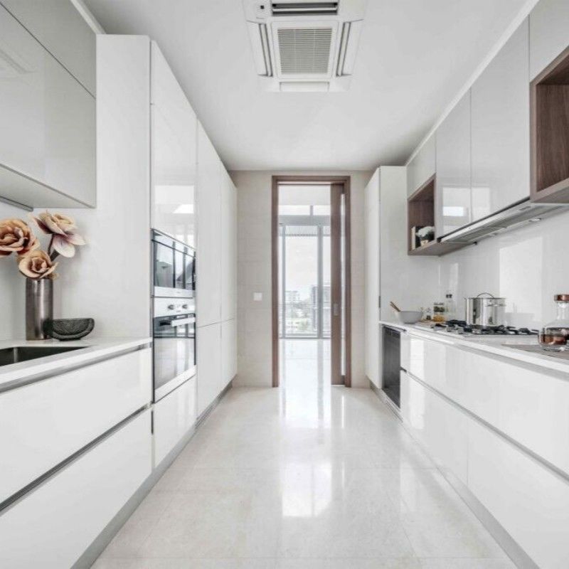 Armoire de cuisine en laque blanche personnalisée avec panneau de porte en PVC et tiroir Blum