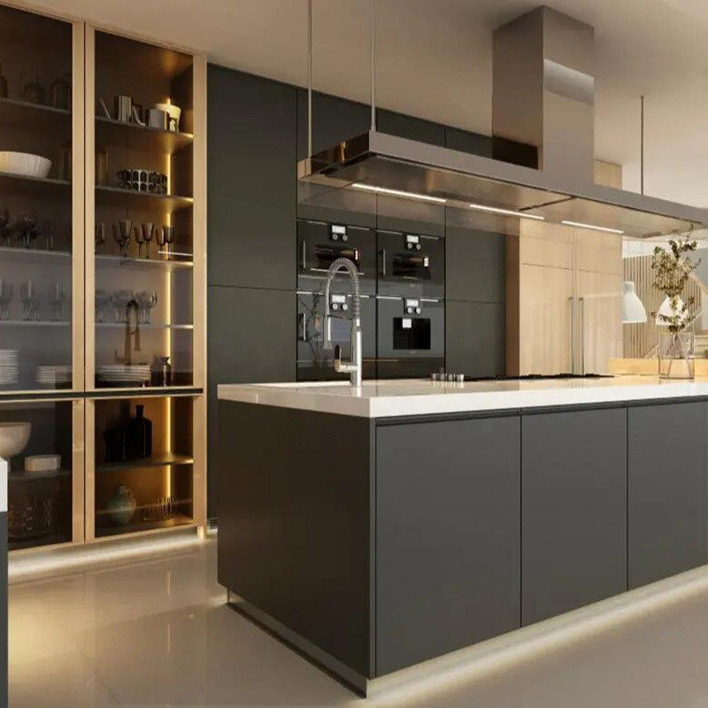 Armoire de cuisine modulaire de conception moderne sur mesure avec portes de finition en bois massif et en laque
