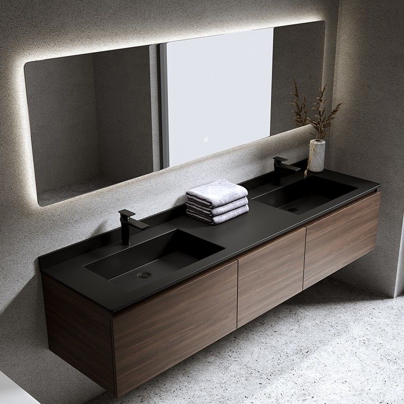 Meubles modernes Salle de bain Armoires à vanité avec portes miroirs et comptoir en pierre de quartz