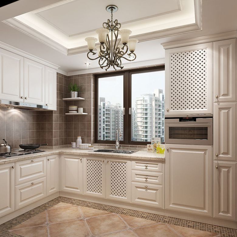 Armoire de cuisine en bois massif moderne avec panneau de porte à membrane en PVC et conceptions distinctes