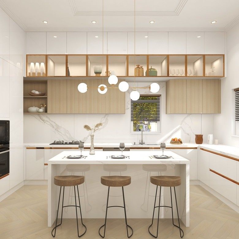 Armoire de cuisine moderne en laque blanche avec panneau de porte acrylique et comptoir en pierre de quartz