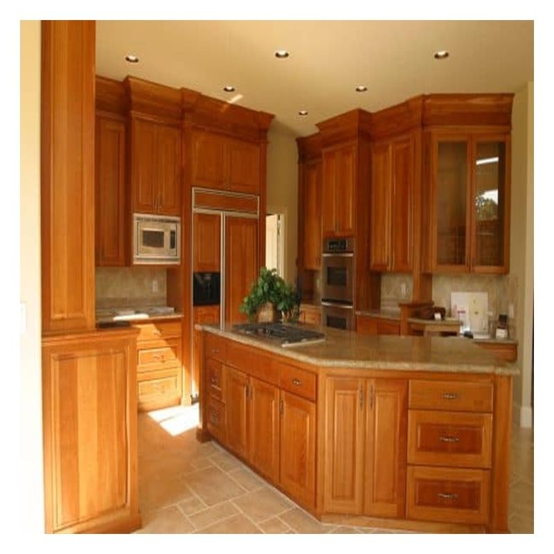 Armoires de cuisine en bois massif personnalisées avec portes en faisceau brillant en bois clair foncé