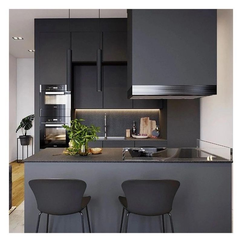 CAD/3D Armoires de cuisine en bois massif en laque gris mat clair avec île centrale