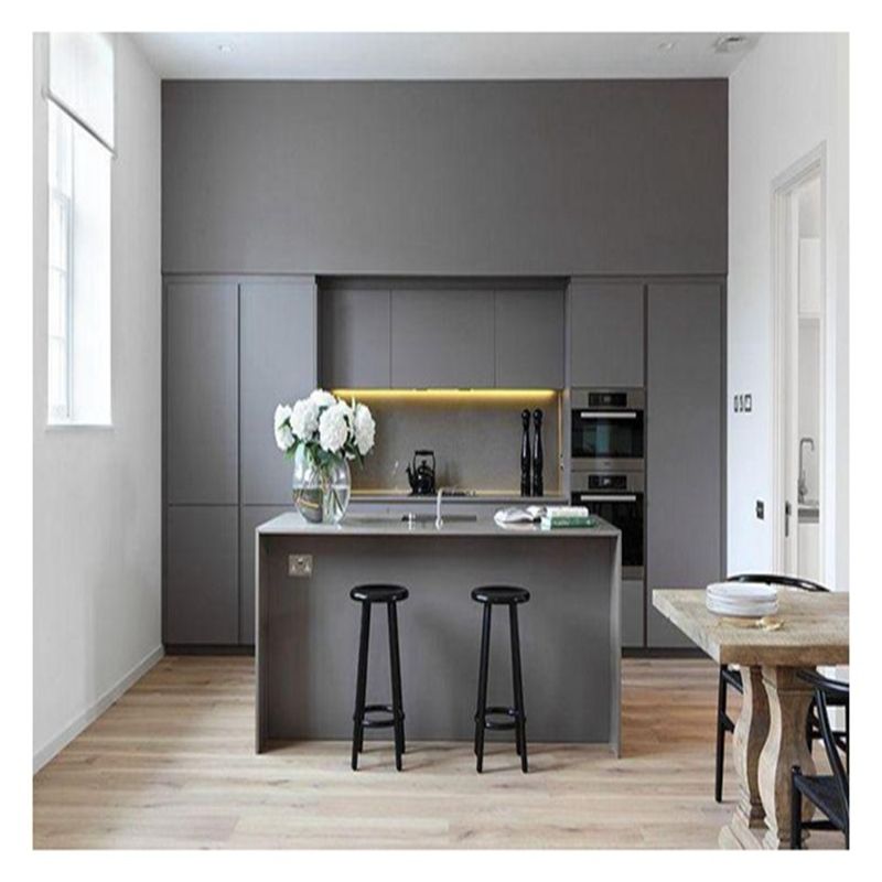CAD/3D Armoires de cuisine en bois massif en laque gris mat clair avec île centrale