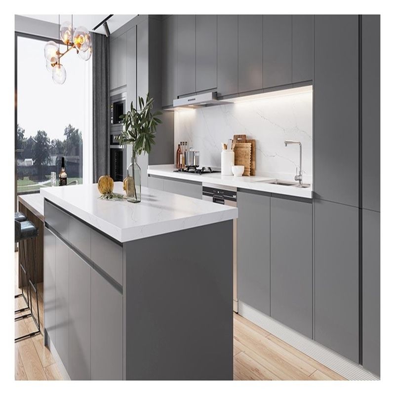 CAD/3D Armoires de cuisine en bois massif en laque gris mat clair avec île centrale