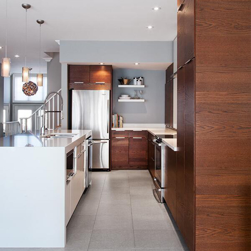 Armoires de cuisine personnalisées de couleur de placage pour le marché en design moderne