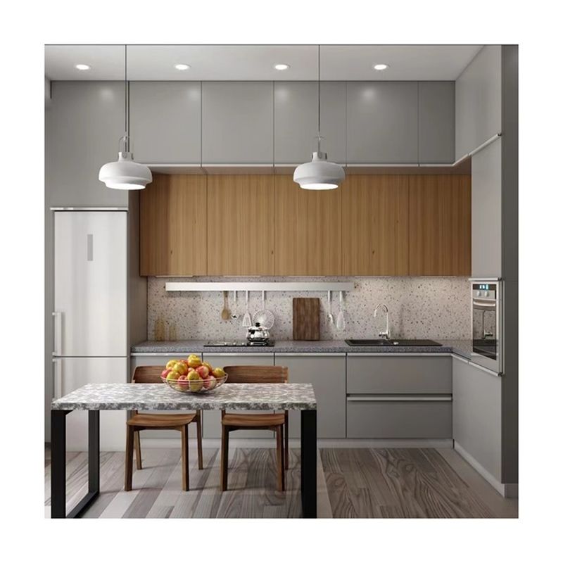 Armoires de rangement mat gris clair sans poignée Blum pour le design de meubles de cuisine modernes
