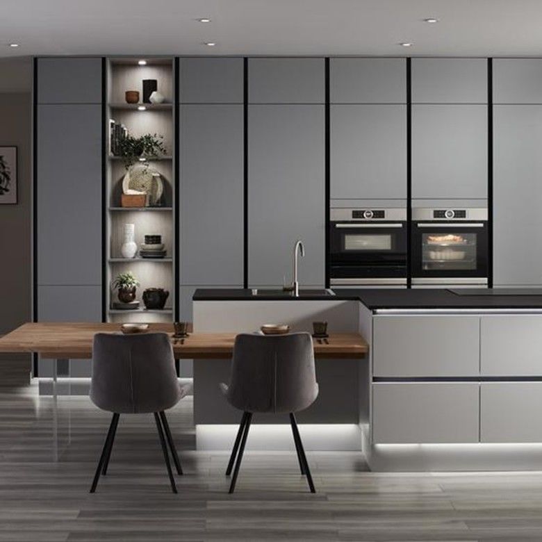 Meubles de cuisine modernes avec matériel Blum et design en bois de couleur de placage personnalisé