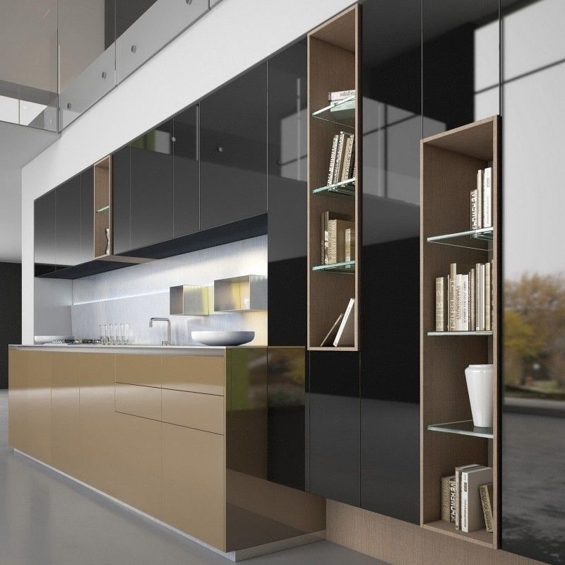 Cabinet de cuisine en PVC noir suspendu en verre avec couleur de placage personnalisée