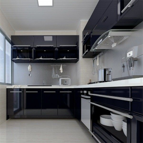 Cabinet de cuisine en PVC noir suspendu en verre avec couleur de placage personnalisée