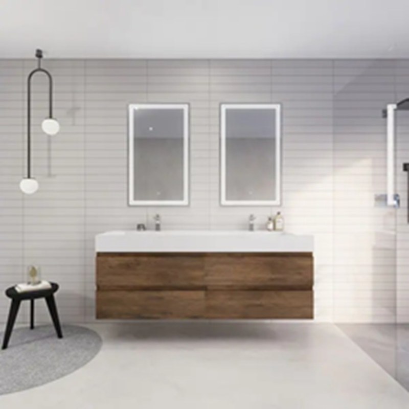 Vanité de salle de bain de style euro moderne avec vanité flottante en grain de bois et miroir en argent