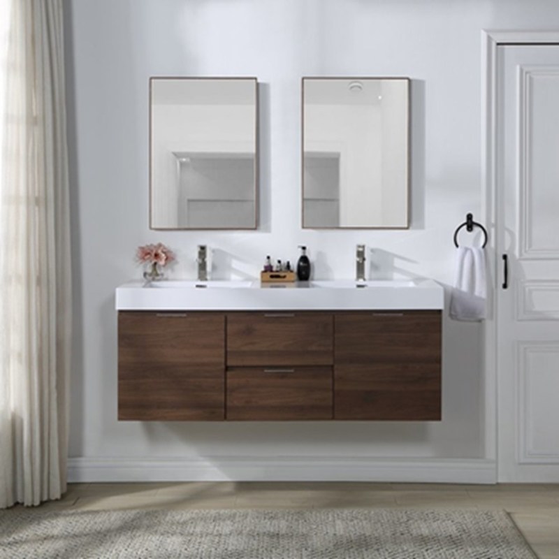 Vanité de salle de bain de style euro moderne avec vanité flottante en grain de bois et miroir en argent