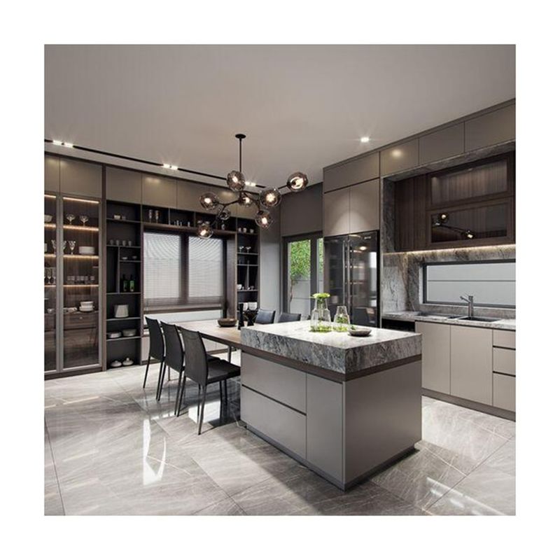 Armoire sèche-vaisselle en acrylique à haute brillance pour comptoir en pierre de quartz dans une seule cuisine