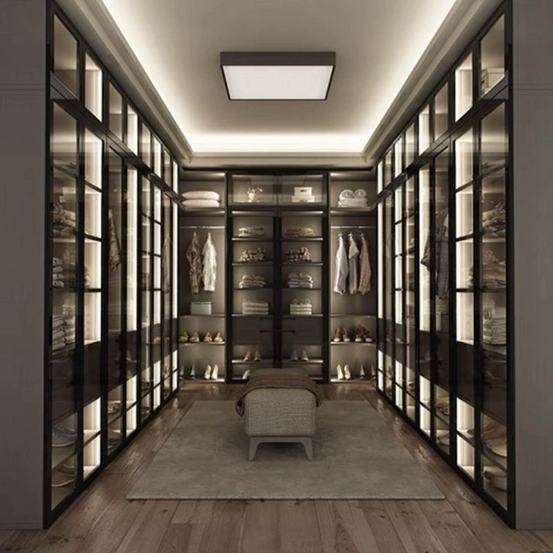 Panneau de porte en verre noir cadre en aluminium style moderne lumière armoire de luxe pour appartement