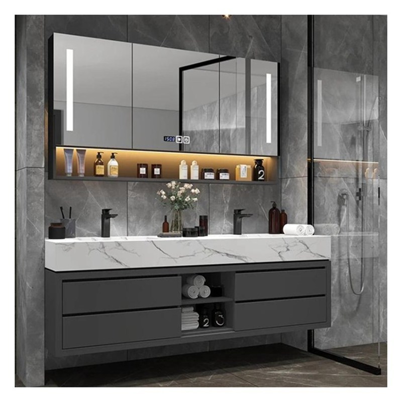 Vanité de salle de bain en bois massif gris laqué avec panneau de porte en verre et conception intégrale du bassin