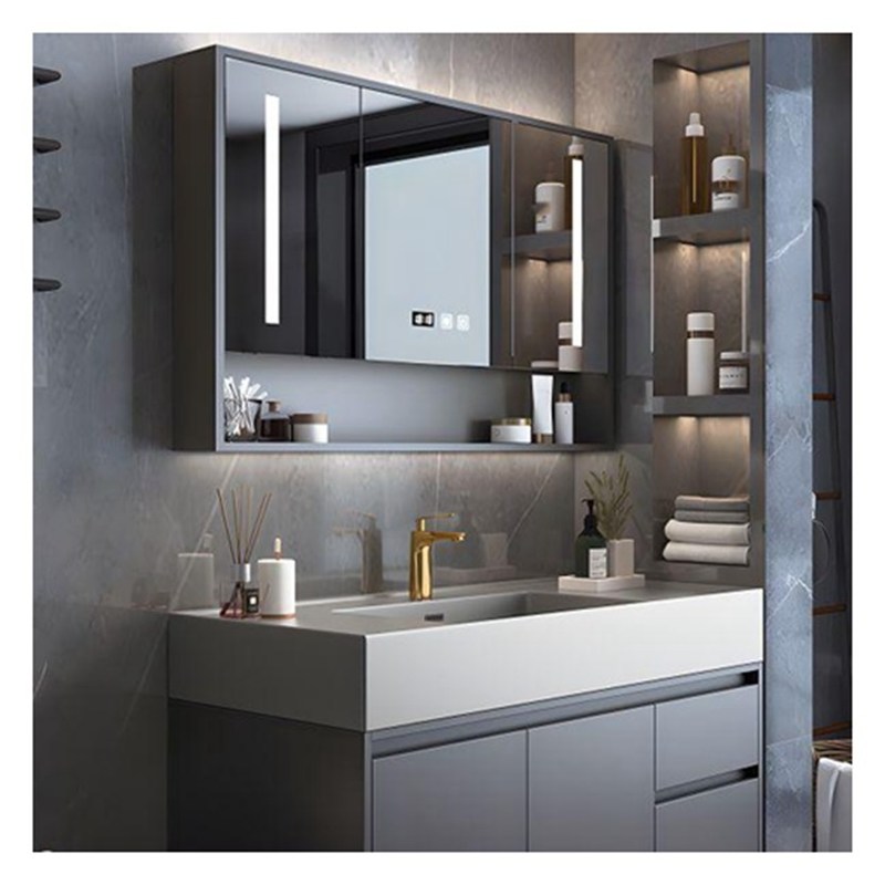 Vanité de salle de bain en bois massif gris laqué avec panneau de porte en verre et conception intégrale du bassin