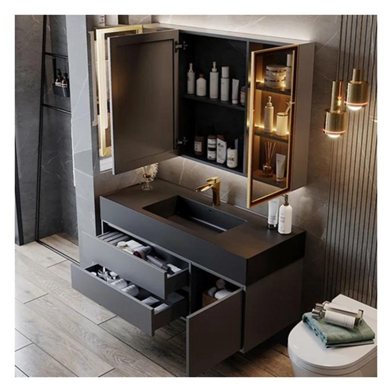 Vanité de salle de bain en bois massif gris laqué avec panneau de porte en verre et conception intégrale du bassin