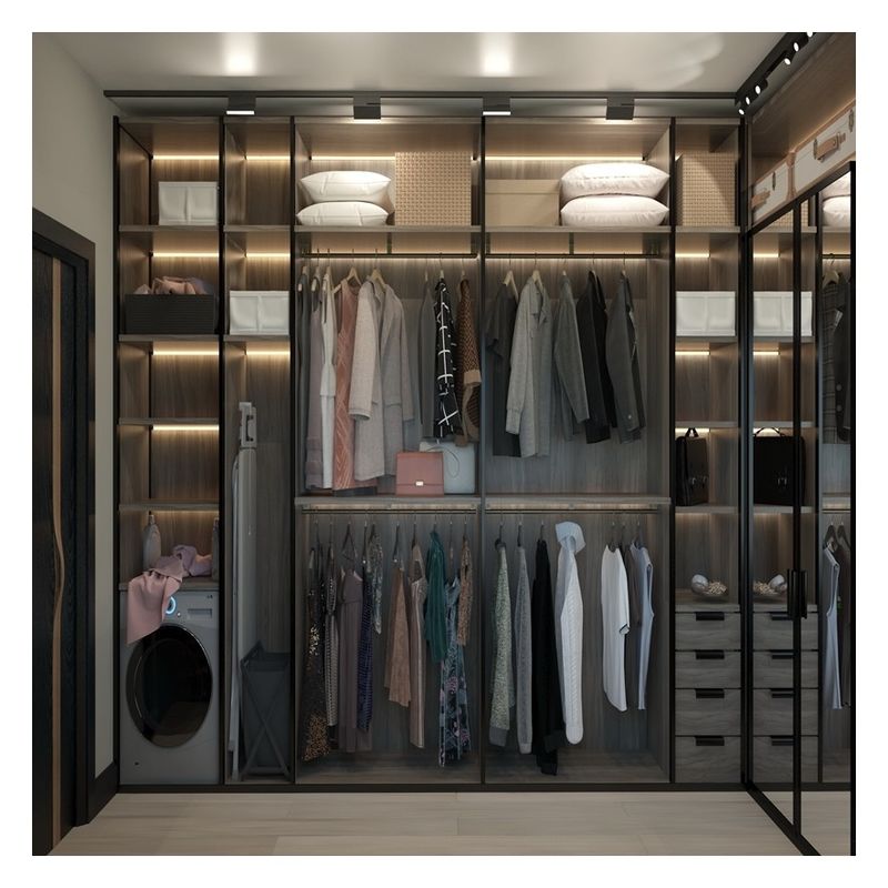 Armoire minimaliste en bois avec panneau de porte en verre et bande lumineuse
