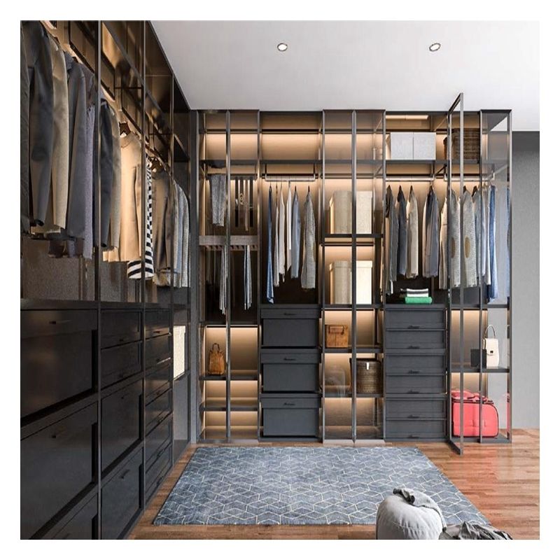 Armoire minimaliste en bois avec panneau de porte en verre et bande lumineuse