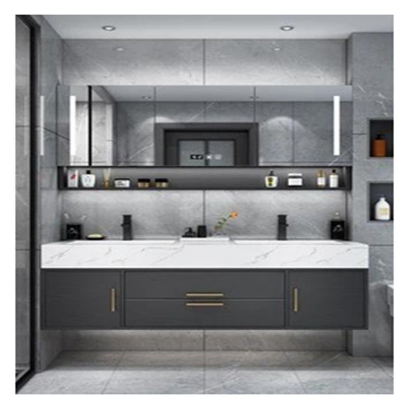 Vanité de salle de bain en bois massif gris laqué avec panneau de porte en verre et conception intégrale du bassin