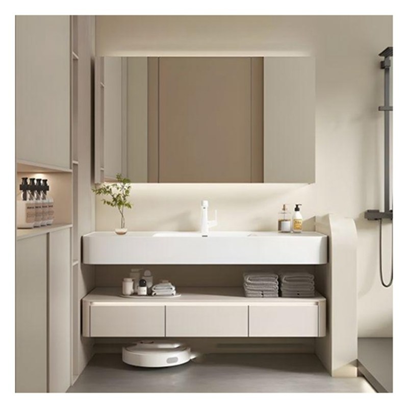 Combo de vanité flottant en laque blanche avec comptoir de conception arrondi et portes en bois massif