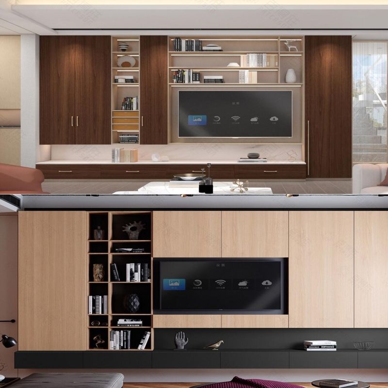 Étagère de télévision de conception moderne personnalisée pour meuble mural de télévision en bois haut de gamme dans l'appartement.