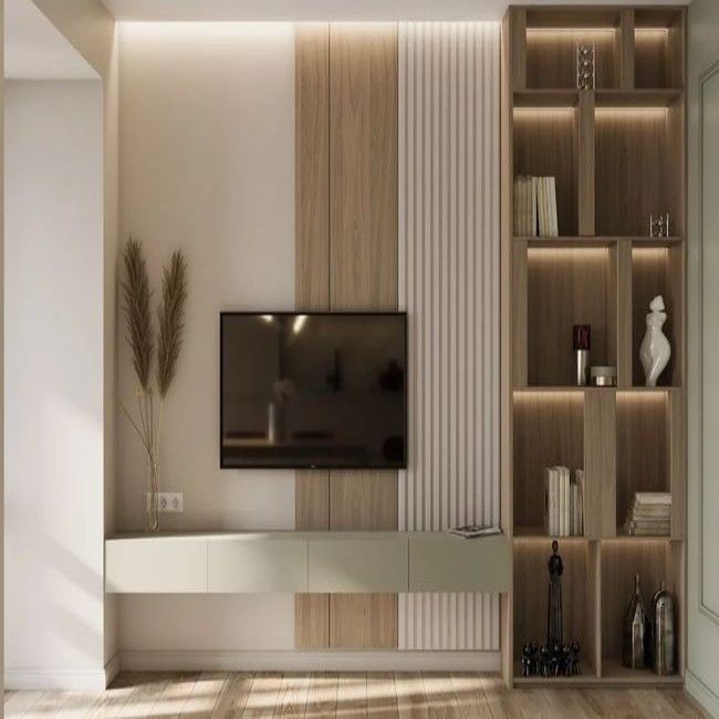 Étagère de télévision de conception moderne personnalisée pour meuble mural de télévision en bois haut de gamme dans l'appartement.