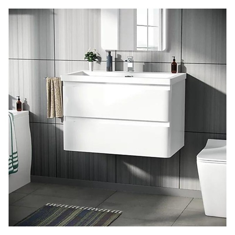 Vanité de salle de bain en bois massif suspendu rond avec évier et finition brillante de petit format