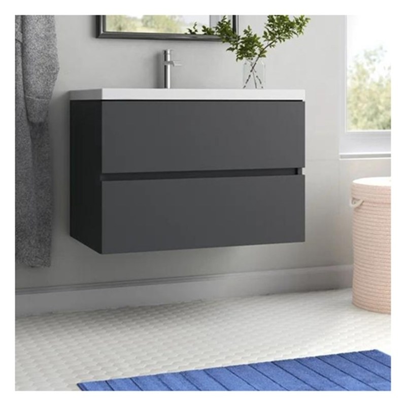 Vanité de salle de bain en bois massif suspendu rond avec évier et finition brillante de petit format