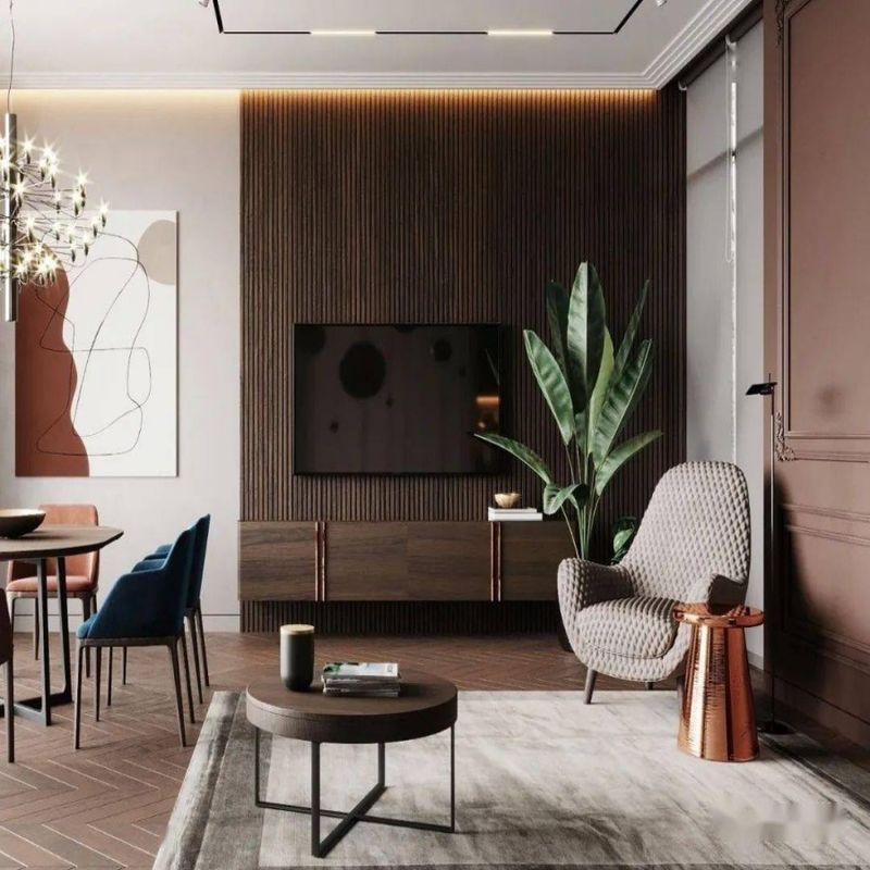 Étagère de télévision de conception moderne personnalisée pour meuble mural de télévision en bois haut de gamme dans l'appartement.