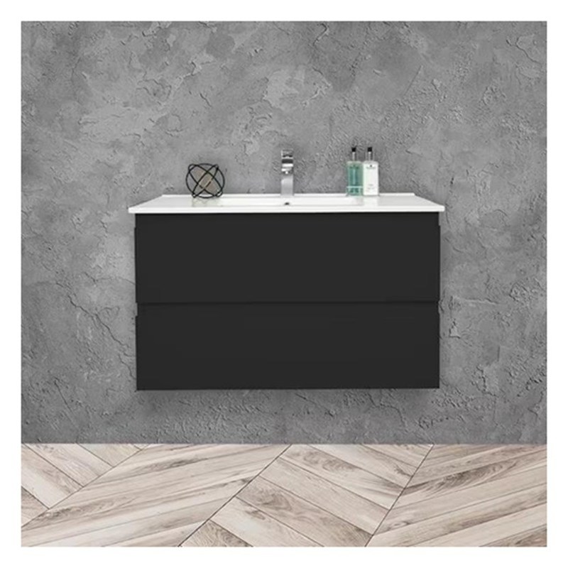 Vanité de salle de bain en bois massif suspendu rond avec évier et finition brillante de petit format