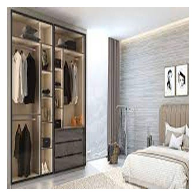 Armoire de chambre en bois massif avec panneaux de porte en verre personnalisés et portes coulissantes métalliques