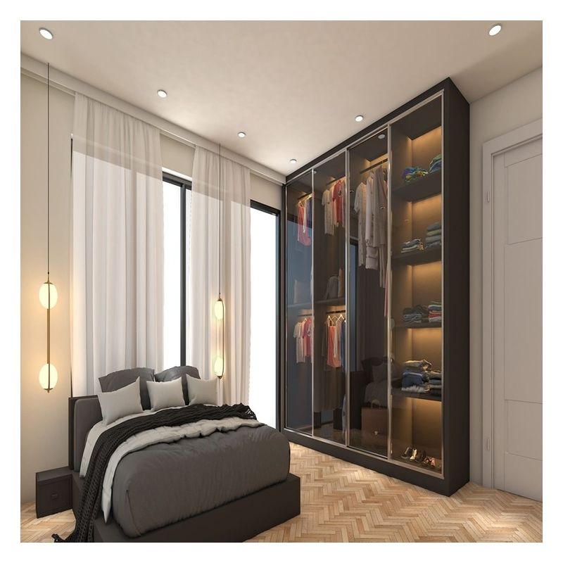 Armoire de chambre en bois massif avec panneaux de porte en verre personnalisés et portes coulissantes métalliques