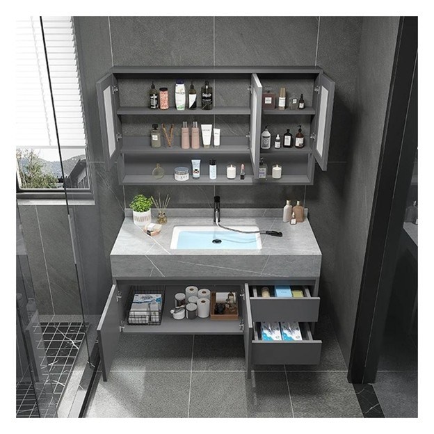 Vanité personnalisée de salle de bain avec miroir intelligent Armoire en bois massif minimaliste