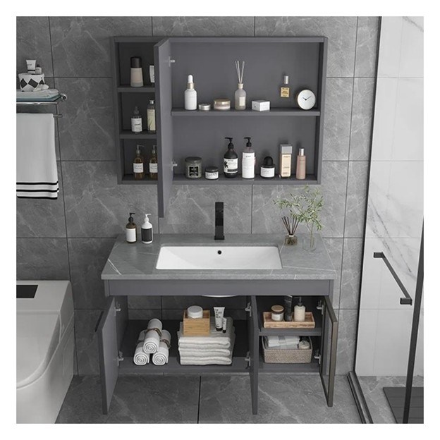 Vanité personnalisée de salle de bain avec miroir intelligent Armoire en bois massif minimaliste