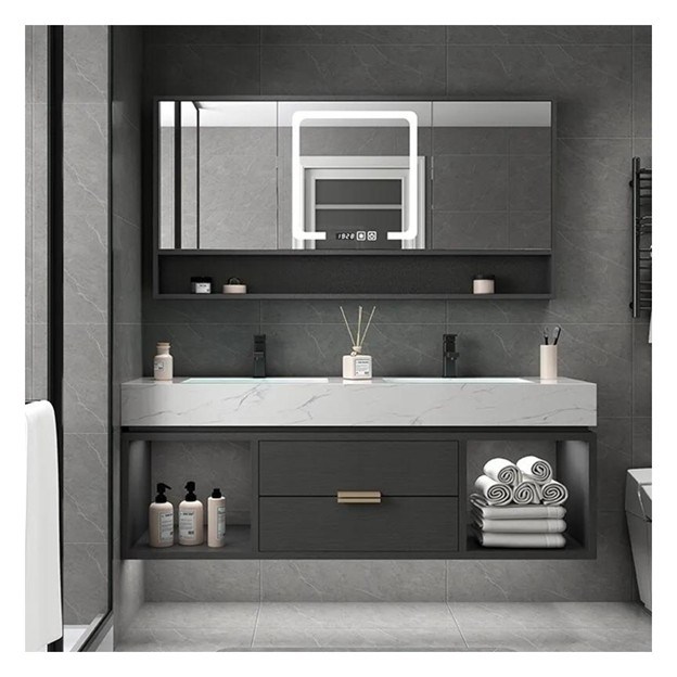 Vanité personnalisée de salle de bain avec miroir intelligent Armoire en bois massif minimaliste