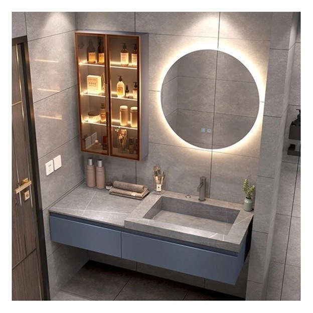 Vanité personnalisée de salle de bain avec miroir intelligent Armoire en bois massif minimaliste