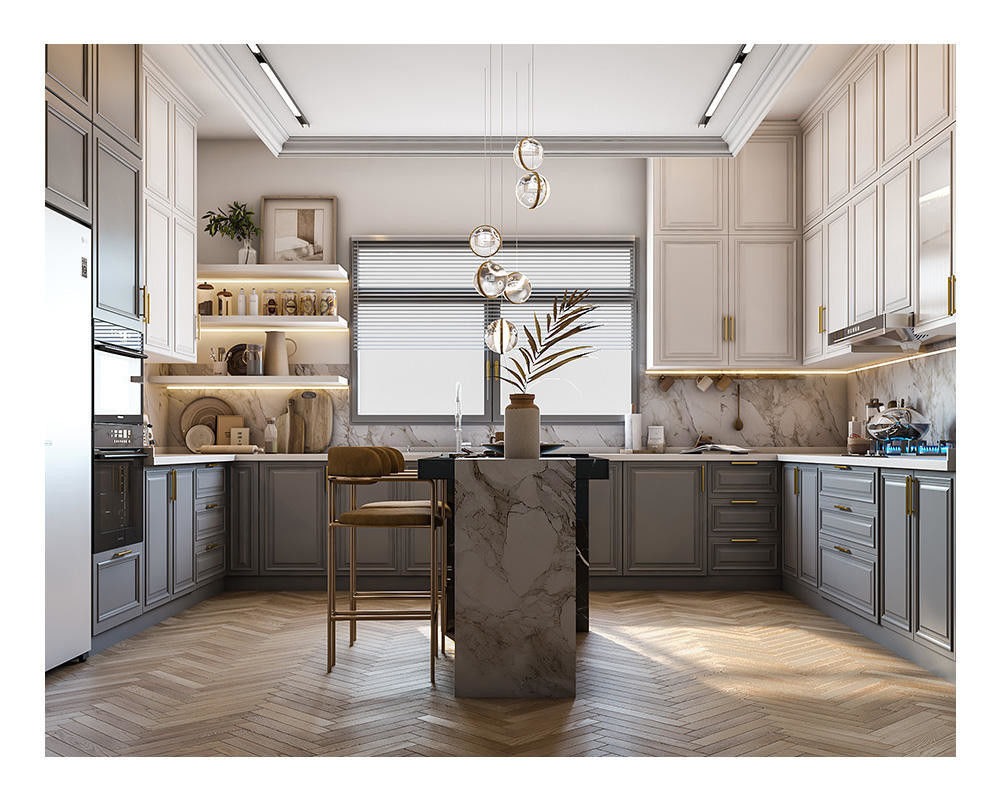 Armoire de cuisine en bois massif sculpté en gris classique américain avec bord plat