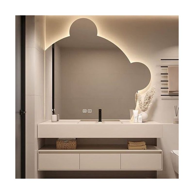 Armoire à miroirs à LED rectangulaire avec comptoir en pierre sintrée et espace de rangement de salle de bain