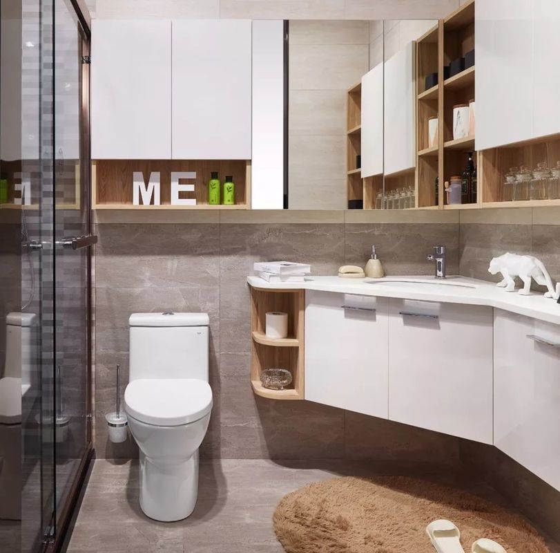 Armoires de salle de bain modernes de coin nordique avec miroir lumineux LED et combo de vanité