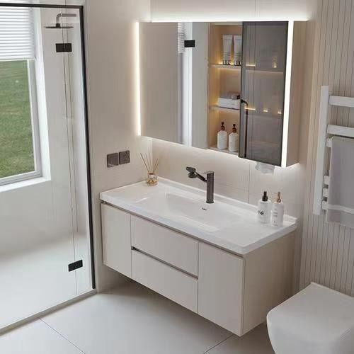 Armoire de salle de bain en MDF sans poignée avec tiroir et bain-marie miroir